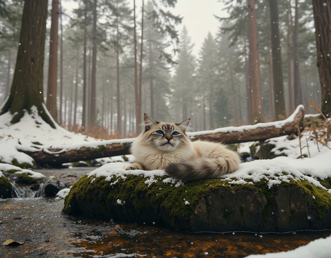Cat relaxes on a mossy rock in a snowy woodland clearing, surrounded by snow-dusted trees and a peaceful stream, creating a tranquil moment in nature.